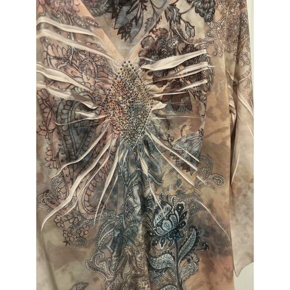 Chico’s Blouse Top Watercolor Size 2 Large Blue Pink Faux Diamond Studded 3/4 - Picture 7 of 11